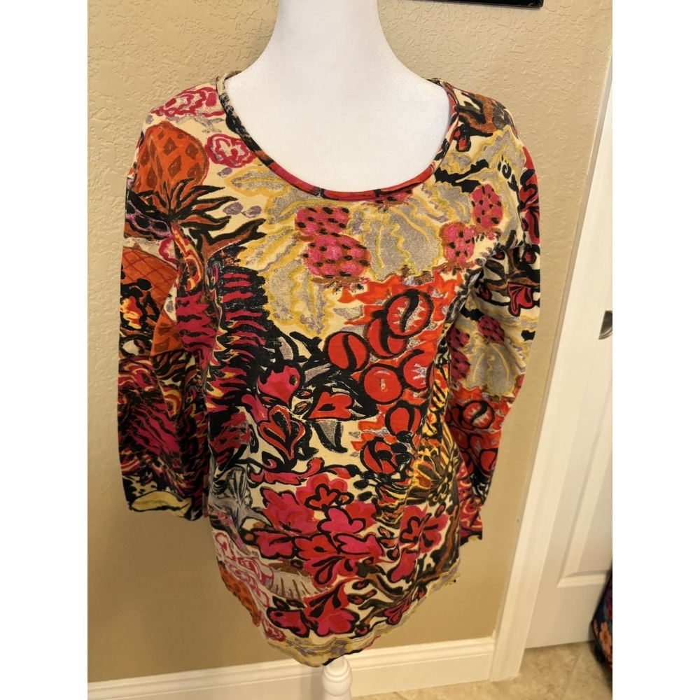 Chicos Vibrant Abstract Floral Print Knit Top, 3/4 Sleeves, Size‎ 3-XL